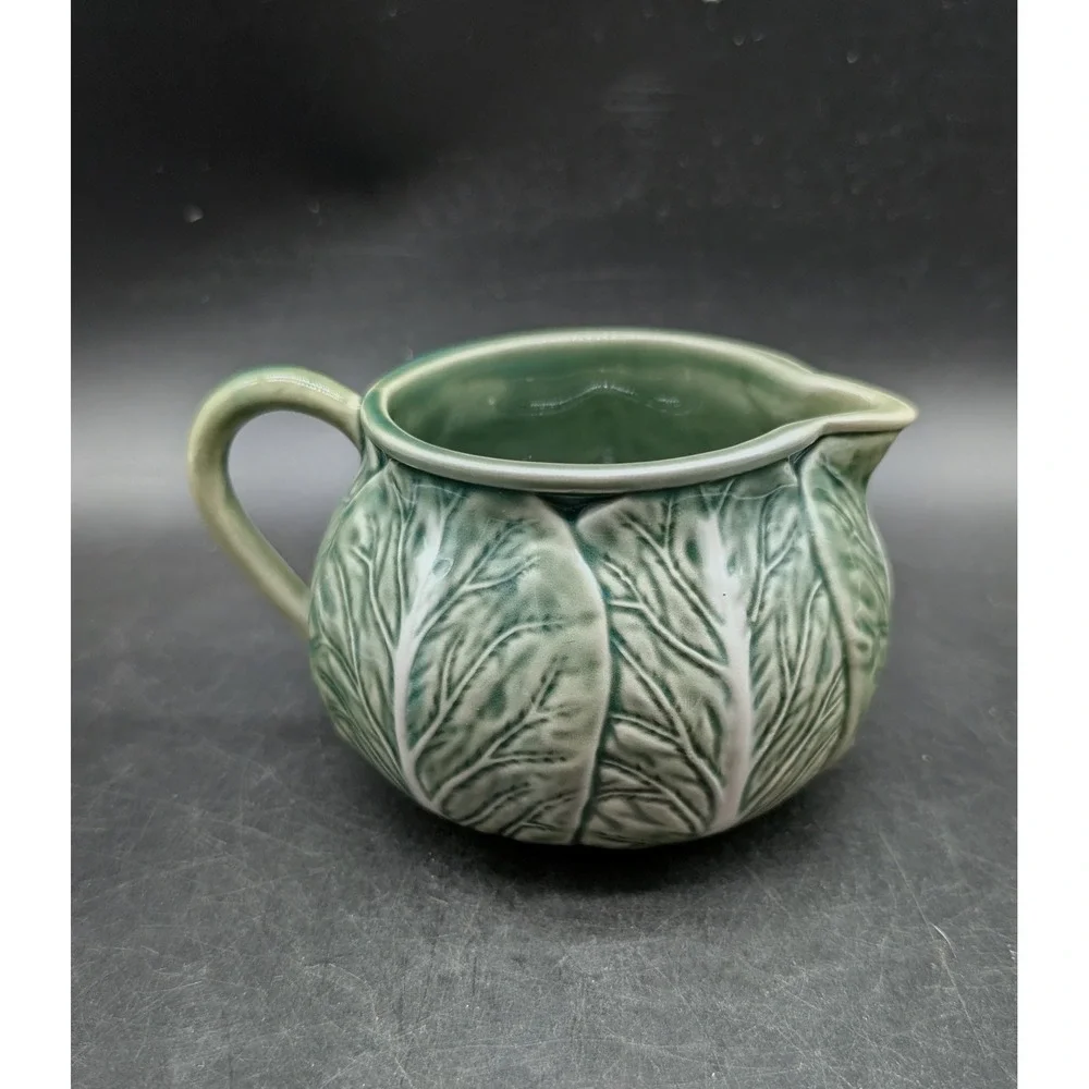 Bordallo Pinheiro Green Cabbage Leaf Creamer Pitcher Made in Portugal Majolica